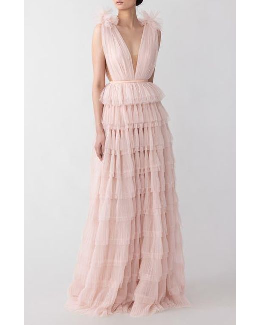 SAU LEE Pink Sabrina Plunge Neck Tiered Tulle Gown