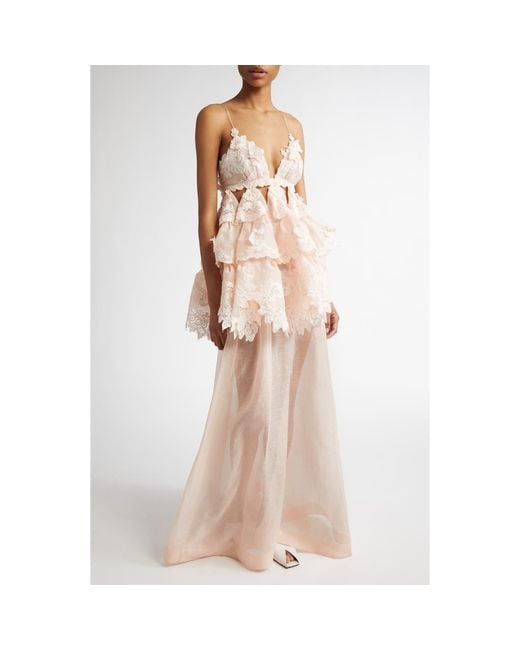 Zimmermann Crush Lace Trimmed Organza Tiered Dress in Natural | Lyst