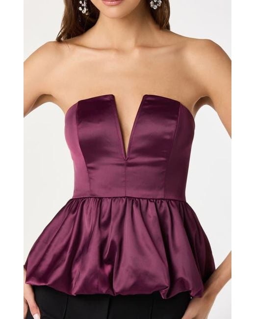 Astr Purple Satin Strapless Plunge Peplum Top