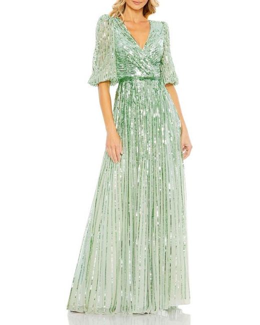 Mac Duggal Green Sequined Wrap Over 3/4 Sleeve Gown