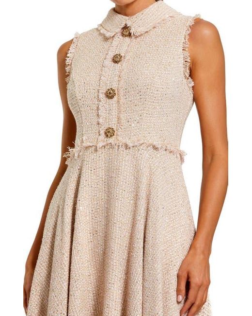Mac Duggal Natural Bouclé Sleeveless Collared Button Up Midi Dress