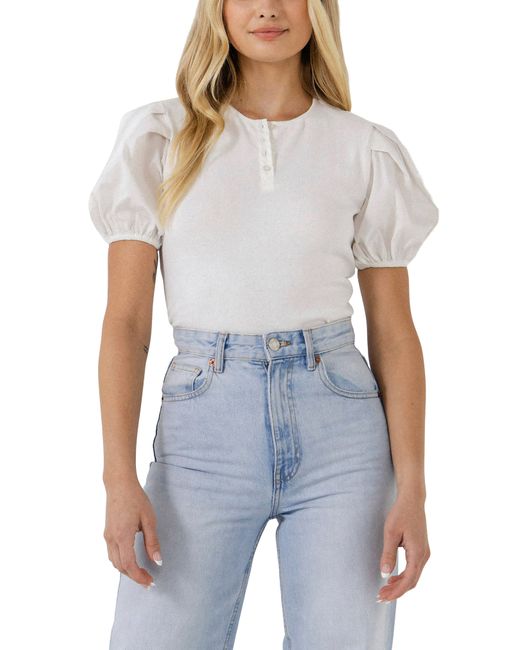 English Factory Puff Sleeve Henley in Blue Lyst