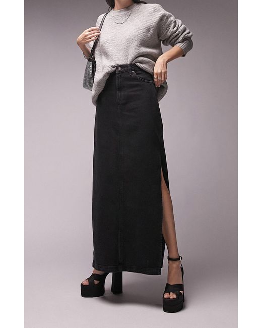 TOPSHOP Denim Maxi Skirt in Black | Lyst
