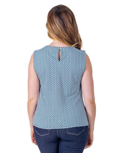 24seven Comfort Apparel Blue Petites Print Pleated Crew Neckline Back Closure Sleeveless Top