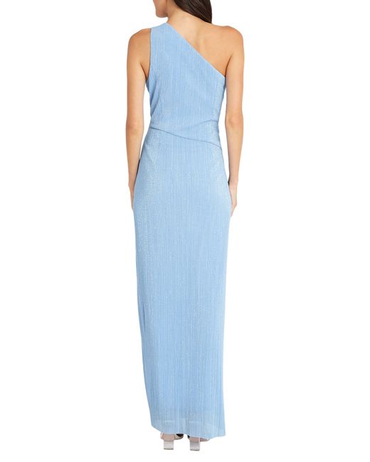 Maggy London Blue Metallic One-shoulder Gown