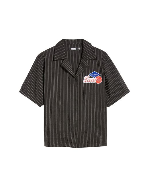 RENOWNED Black Lovers Patch Pinstripe Notched Collar Camp Shirt for men