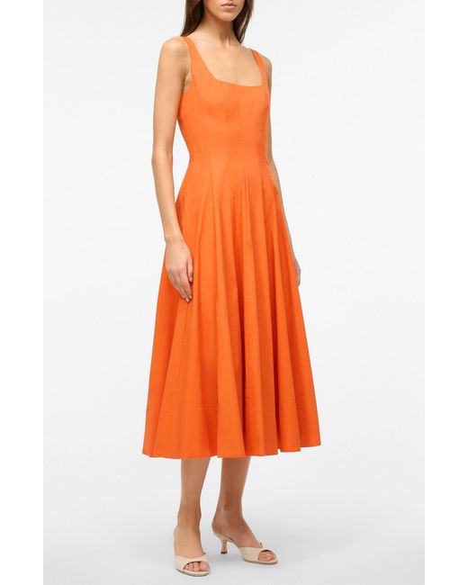 Staud Orange Wells Stretch Cotton Fit & Flare Midi Dress