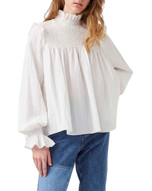 French Connection White Boza Smock Neck Long Sleeve Top