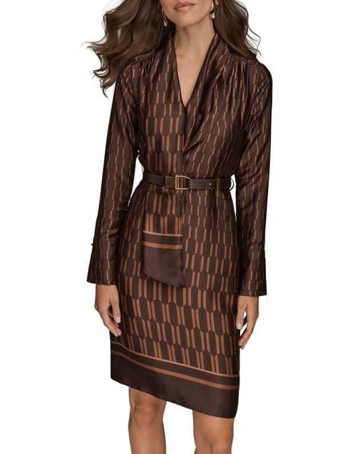 Donna Karan Brown Geo Print Long Sleeve Satin Dress
