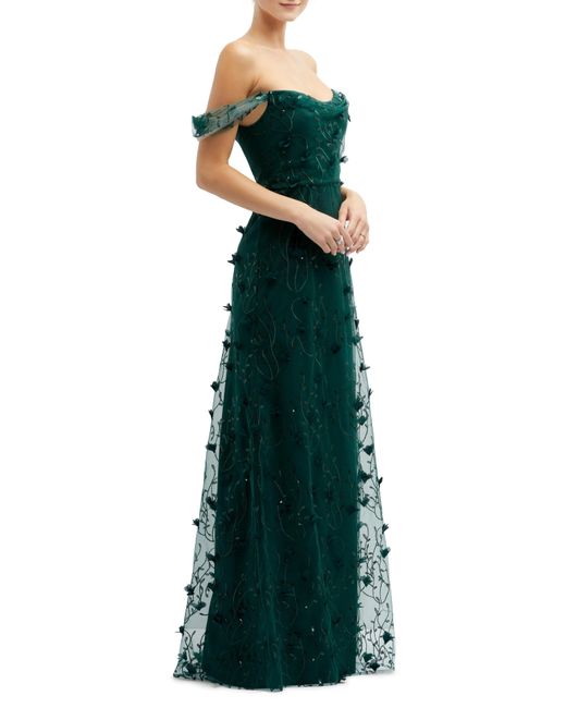 Dessy Collection Green 3d Embroidered Off The Shoulder Gown