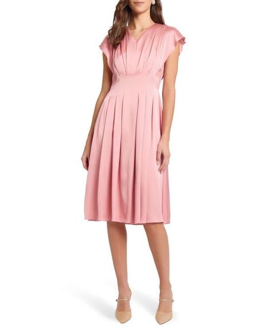 Misook Pleated Charmeuse Fit & Flare Dress in Pink | Lyst