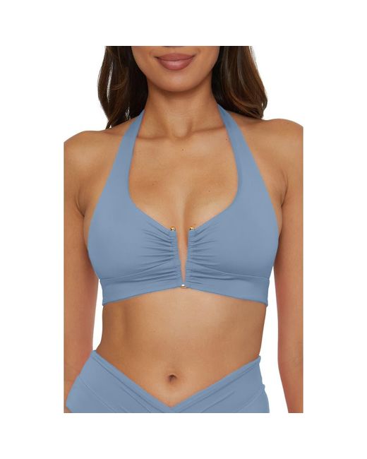 Becca Blue Shirred V-Wire Halter Bikini Top
