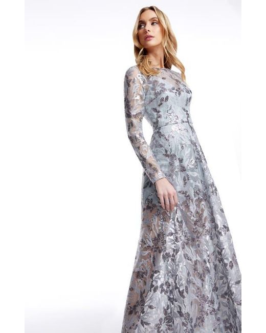 Dress the Population Gray Ava Sequin Floral Long Sleeve A-Line Gown