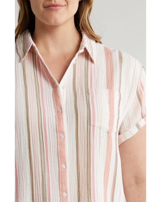 Caslon White Caslon(r) Stripe Short Sleeve Cotton Gauze Button-up Shirt