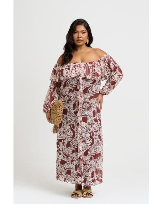 FASHION-SZN CURVE Brown Curve Ruffle Bardot Midaxi Dress