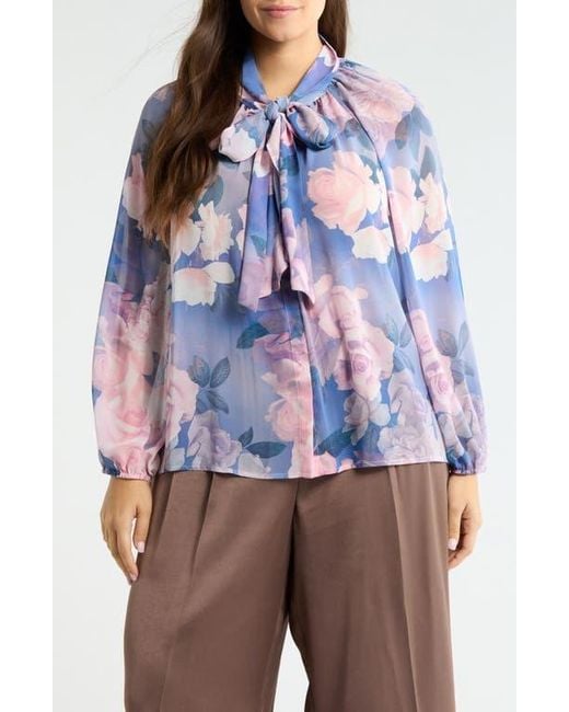 Tahari Blue Printed Ruffle Top