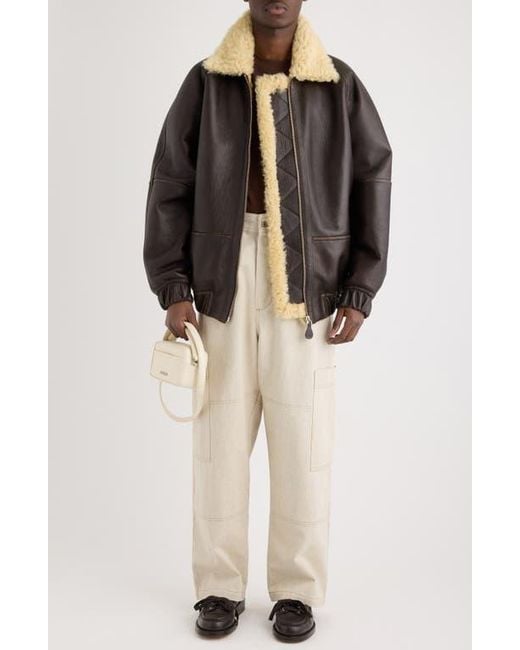 Jacquemus Black Le Bombardier Lambskin Leather & Genuine Shearling Aviator Jacket for men