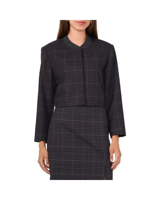 Vince Camuto Black Windowpane Plaid Crop Bomber Jacket