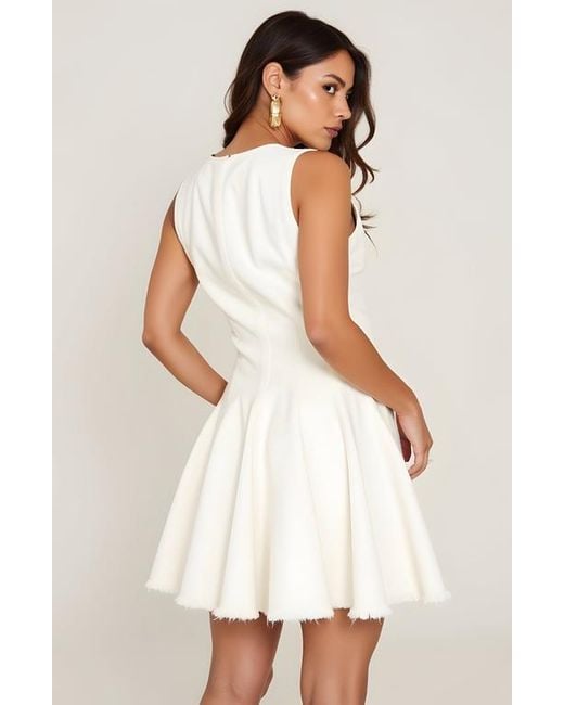 Modenaire White Sleeveless Fit And Flare Dress With Raw Edge Hem And Seam Detailing