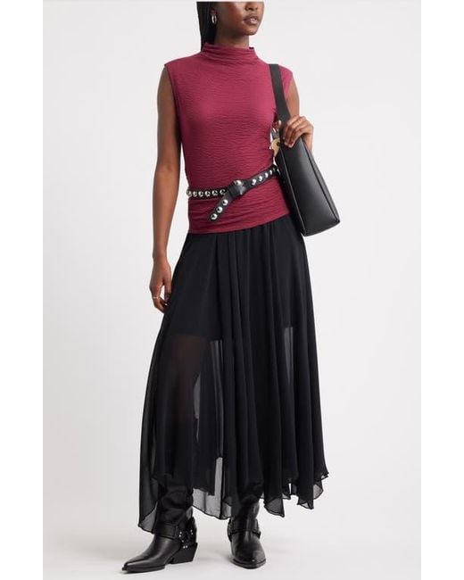 Treasure & Bond Red Crinkle Mock Neck Top
