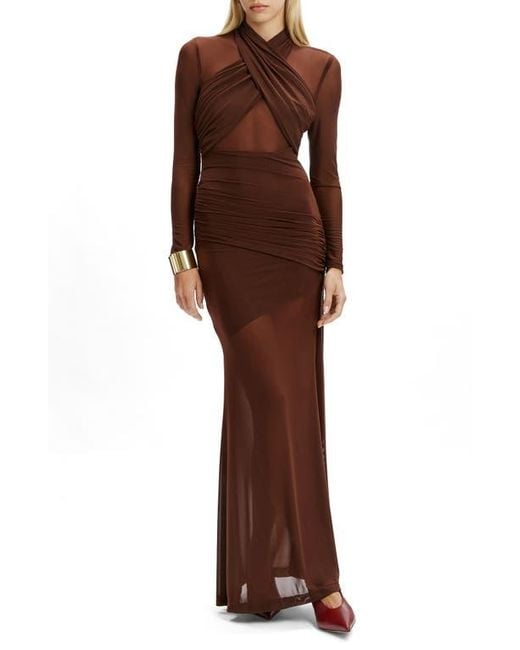 Bardot Brown Marice Wrap Long Sleeve Mesh Maxi Dress