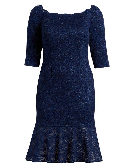 Alex Evenings Blue Metallic Lace Off The Shoulder Sheath Dress