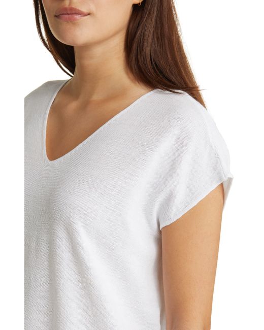 Eileen Fisher White V-neck Organic Linen & Cotton Tunic Sweater