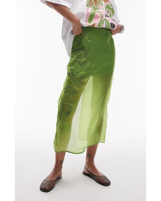 TOPSHOP Green Embroidered Cotton Organza Midi Skirt