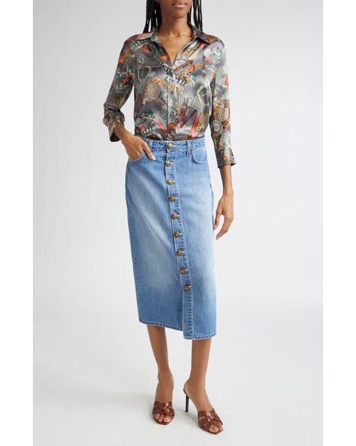 L'Agence Blue Kathleen Button Front Midi Denim Skirt