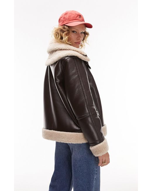 Faux Leather Aviator Jacket With Faux Fur Trim in Blue Lyst