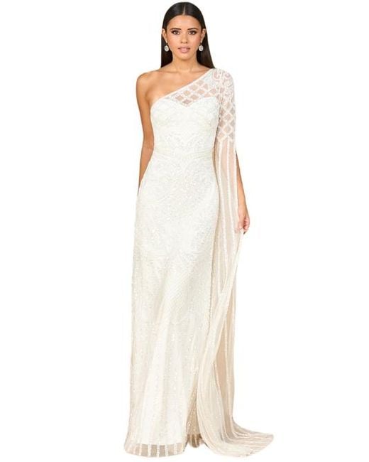 LARA New York White One Sleeve Beaded Gown