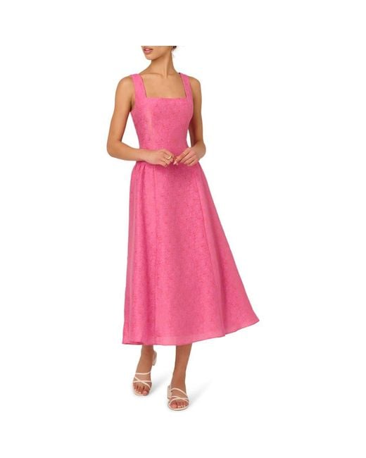Adrianna Papell Pink Metallic Jacquard Drop Waist Midi Dress