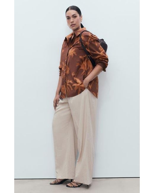 Mango Brown Palm Print Cotton Button-Up Shirt