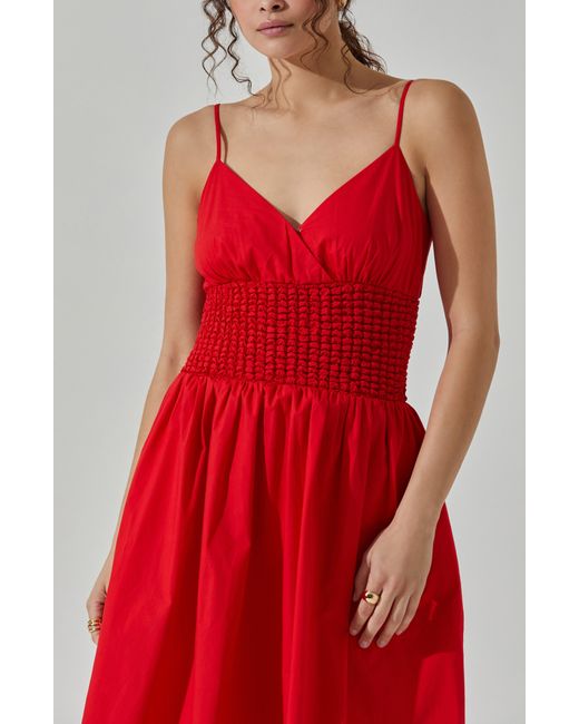 Astr Red Popcorn Waist Cotton Midi Dress