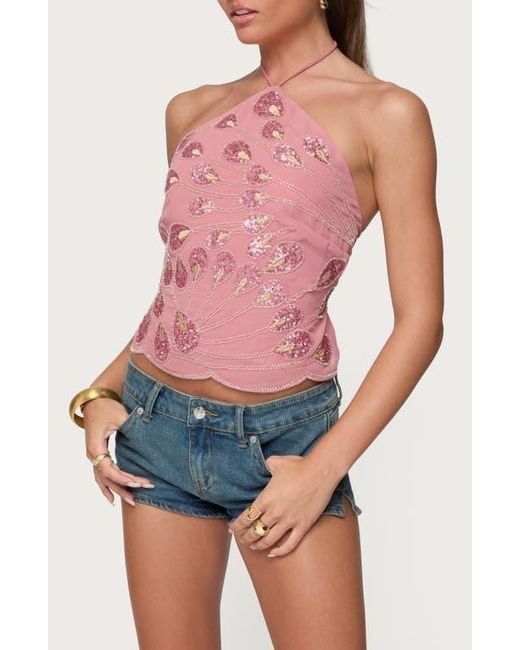 Edikted Purple Beaded Sequin Open Back Halter Top