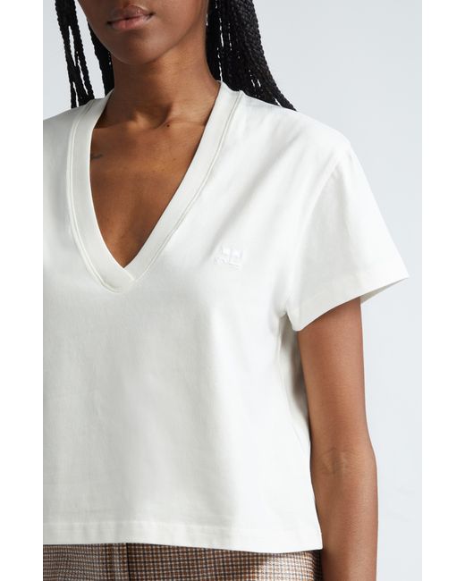 Courreges White Deep V-neck Crop Cotton T-shirt
