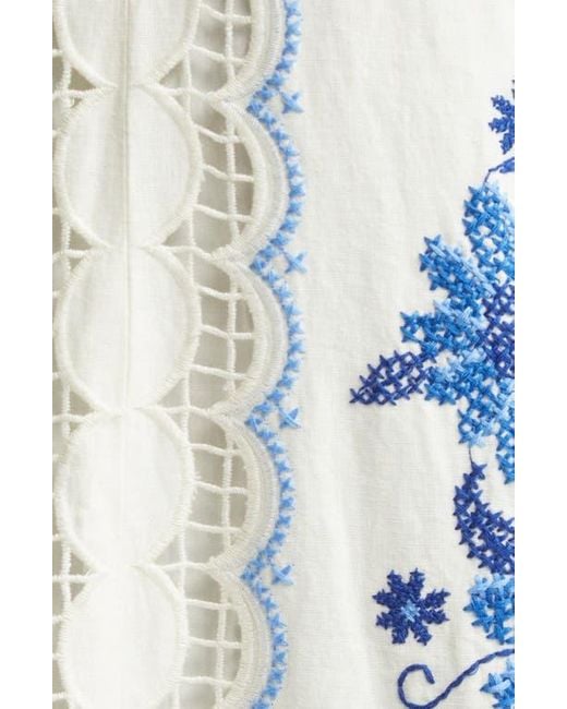 Farm Rio White Richilieu Embroidered Linen Blend Midi Sundress