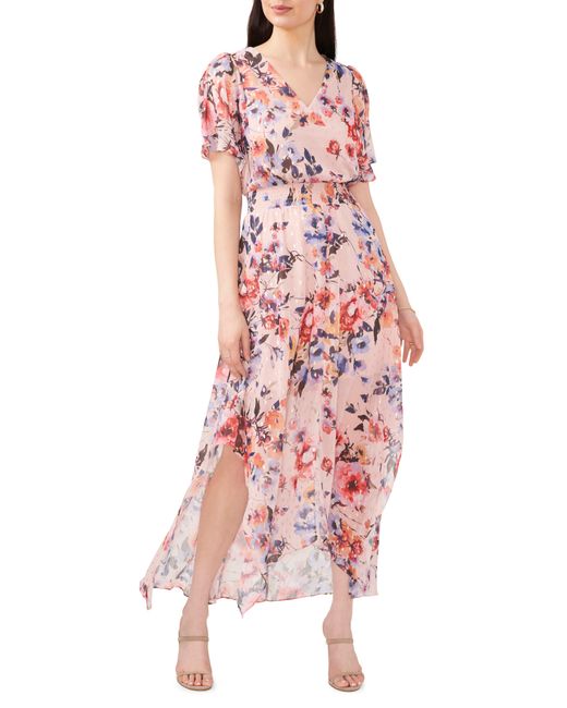 Chaus Floral Smocked Waist Fil Coupé Chiffon Maxi Dress in Red | Lyst