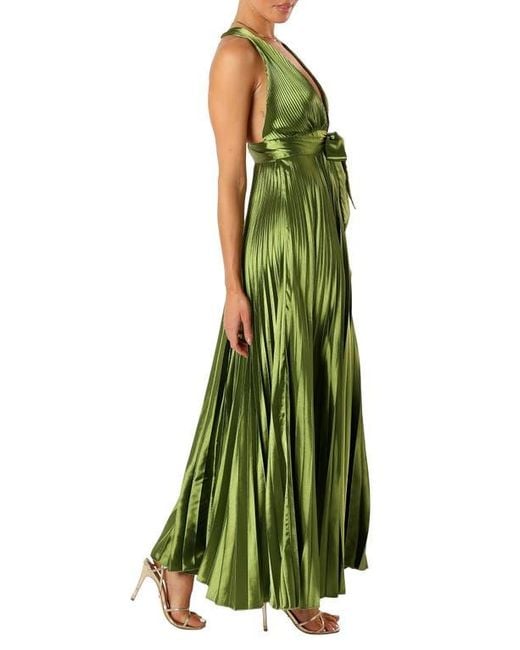 Petal & Pup Kris Plunge Neck Pleated Satin Gown in Green | Lyst