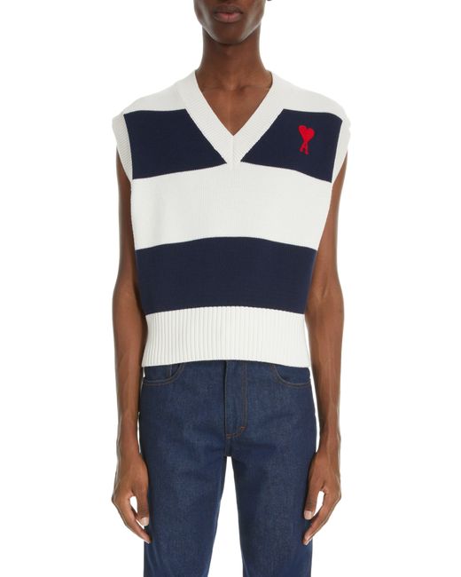 AMI Blue Rugby Stripe Ami De Coeur Embroidered Organic Cotton & Wool Sleeveless Sweater for men