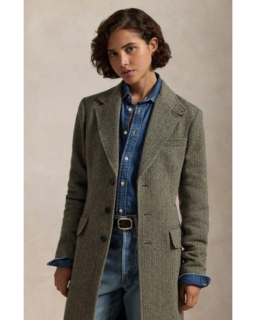 Polo Ralph Lauren Multicolor Herringbone Single Breasted Suede Trim Wool Blend Coat