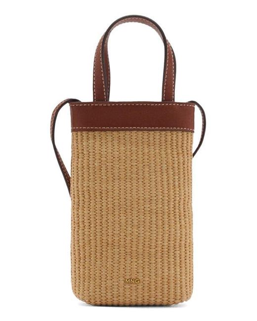 Mango Brown Woven Raffia Crossbody Phone Bag