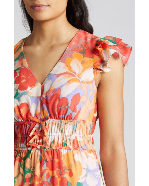 Vince Camuto Floral Print Tiered Ruffle Sleeve Midi Dress