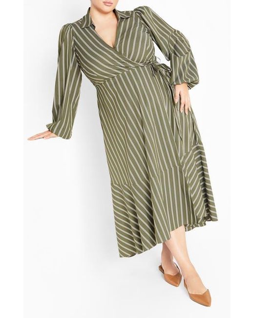 City Chic Women's Green Brynn Stripe Long Sleeve Cotton Blend Dress