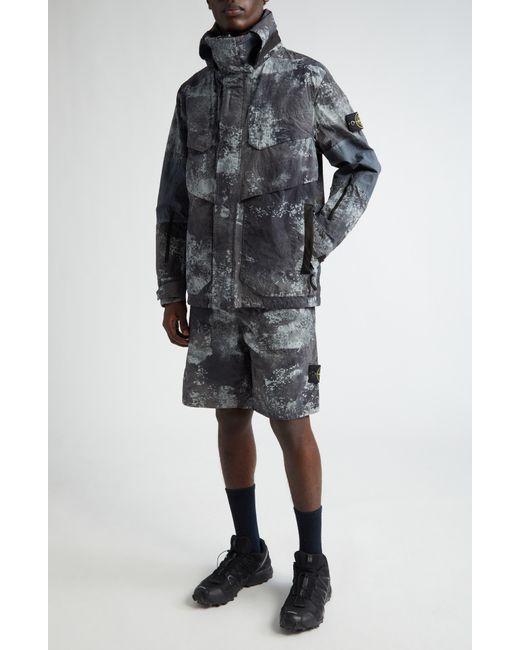 Stone Island Gray Dissolving Grid Camouflage Econyl Regenerated Nylon Hooded Jacket for men