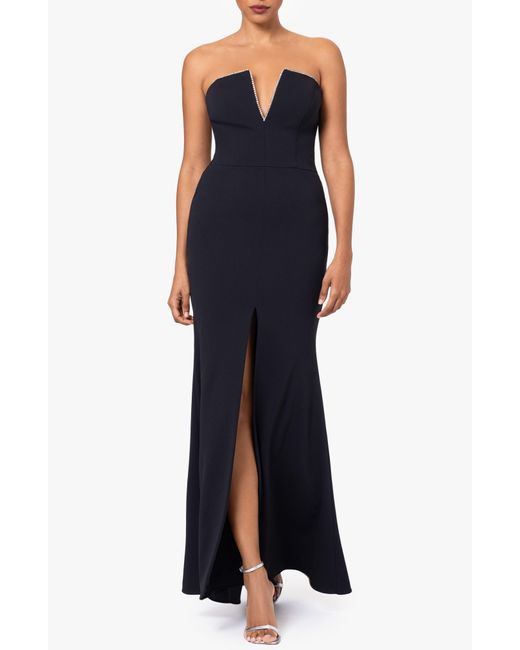 Betsy & Adam Blue Notched Strapless Gown