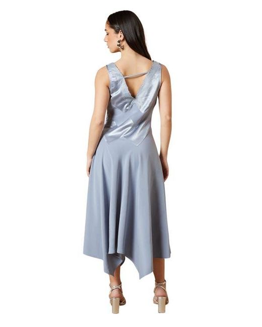 Oasis Blue V-Neck Mesh Asymmetric Midi Dress