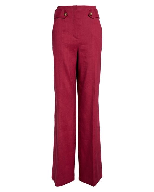 Veronica Beard Red Sunny Button Tab Linen Blend Wide Leg Pants