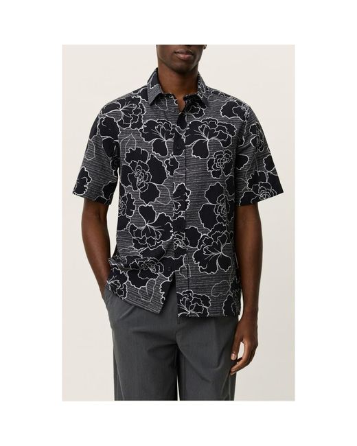 Les Deux Men's Black Charlie Poppy Pattern Short Sleeve Knit Cotton Blend Button-Up Shirt