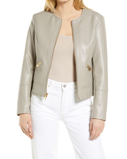 Via Spiga Natural Collarless Faux Leather Jacket